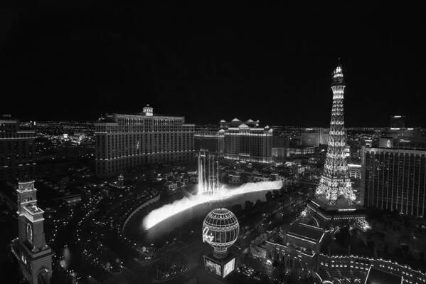 Vegas Poster featuring the photograph Las Vegas Strip and Fountains Black and White by Stephanie McDowell