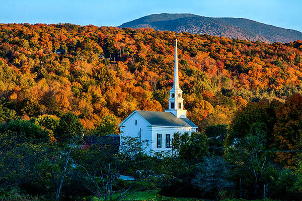 Autumn Foliage New England Poster featuring the photograph Last rays of autumn sun on Stowe Church by Jeff Folger