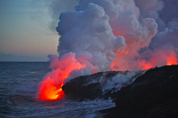 Lava Poster featuring the photograph Lava Flow at Sunset in Kalapana, Hawaii by Venetia Featherstone-Witty