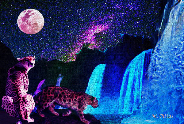 Panther Poster featuring the mixed media Leopard/chetah In The Moonlight by Michael Pittas