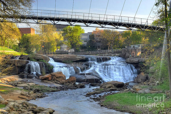 Upstate Sc Poster featuring the photograph Liberty Bridge and The Falls in Downtown Greenville SC by Willie Harper