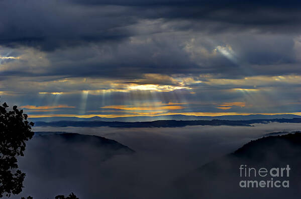 Clouds Poster featuring the photograph Light streaming through clouds on foggy morning by Dan Friend