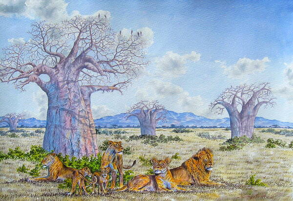 African Paintings Poster featuring the painting Lions by the Baobab by Joseph Thiongo