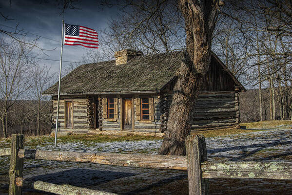 Art Poster featuring the photograph Log Cabin Outpost in Missouri with American Flag by Randall Nyhof