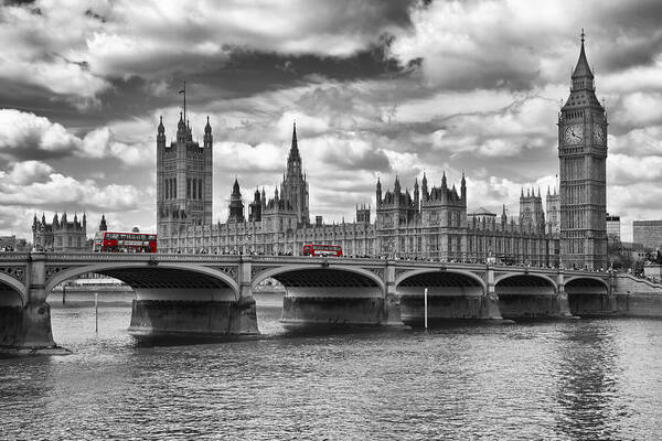 British Poster featuring the photograph LONDON - Houses of Parliament and Red Buses by Melanie Viola