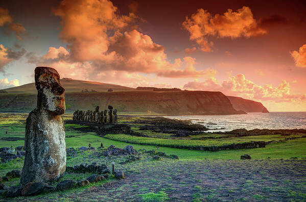 Tranquility Poster featuring the photograph Lone Moai At Tongariki by Marko Stavric Photography