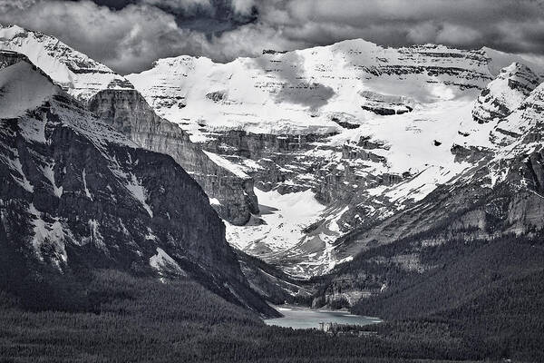 Lake Louise Poster featuring the photograph Looking Down at Lake Louise - Black and White #2 by Stuart Litoff