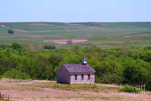 Tallgrass Prairie National Preserve Poster featuring the photograph Lower Fox Creek Schoolhouse in the Flint Hills of Kansas by Catherine Sherman