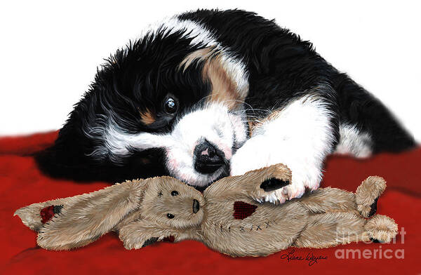 Bernese Mountain Dog Poster featuring the painting Lullaby Berner and Bunny by Liane Weyers