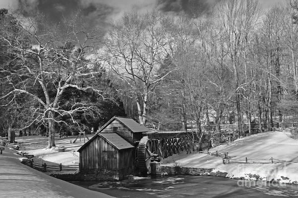 Black And White Poster featuring the photograph Mabry Mill in Snow by Randy Rogers