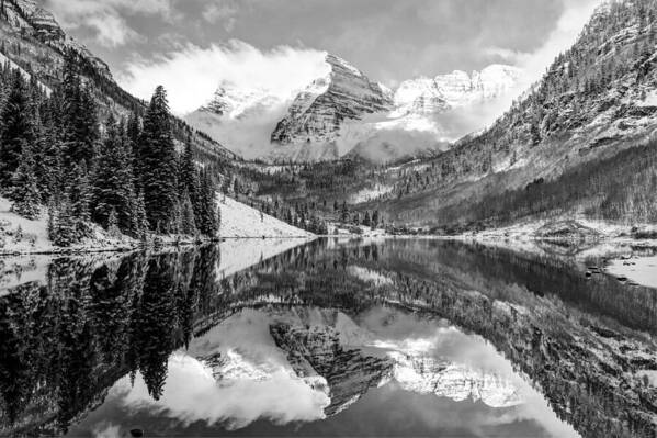 America Poster featuring the photograph Maroon Bells BW Covered In Snow - Aspen Colorado by Gregory Ballos