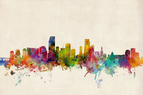 Watercolour Poster featuring the digital art Miami Florida Skyline by Michael Tompsett
