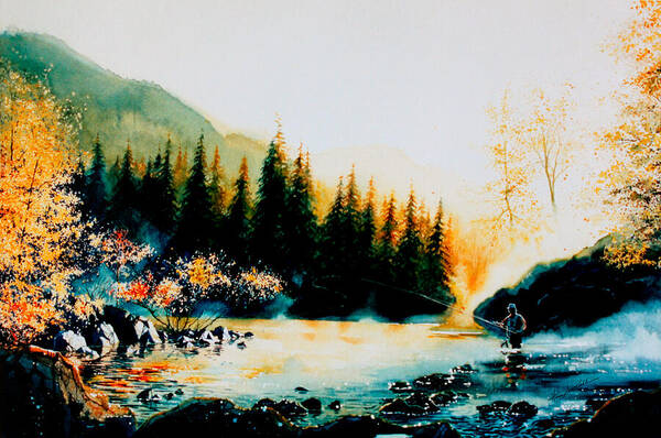 Forest Creek Poster featuring the painting Misty Fishing Morning by Hanne Lore Koehler