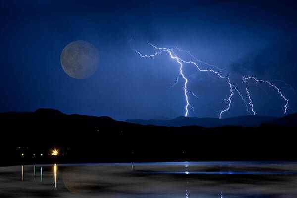 Landscape Poster featuring the photograph Misty Lake Full Moon Lightning Storm Fine art Photo by James BO Insogna