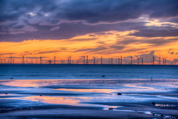 Modern Electric Windmill Turbine Poster featuring the photograph Modern Ocean Windmills at Sunset Lowtide by Dennis Dame