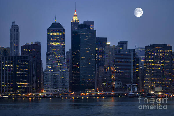 New York City Poster featuring the photograph Moon over NYC Skyline by Sabine Jacobs