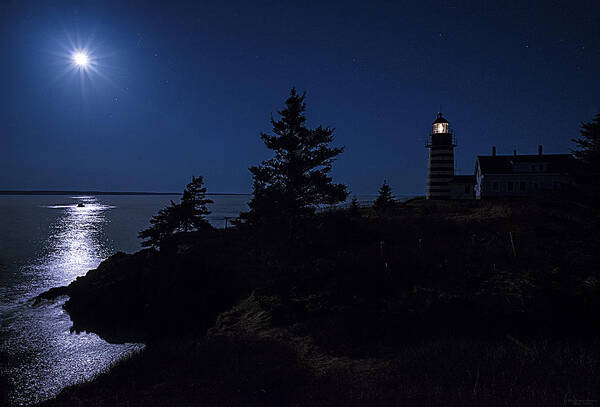 West Quoddy Head Lighthouse Poster featuring the photograph MoonLit Panorama West Quoddy Head Lighthouse by Marty Saccone
