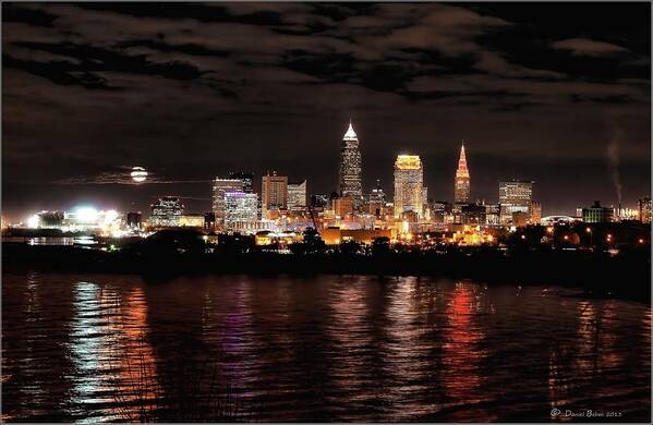 Beaver Moon Poster featuring the photograph Moonrise over Cleveland Skyline by Daniel Behm