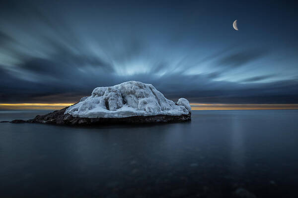 Awakening Poster featuring the photograph Moonset before Sunrise the Lutsen Rock by Jakub Sisak