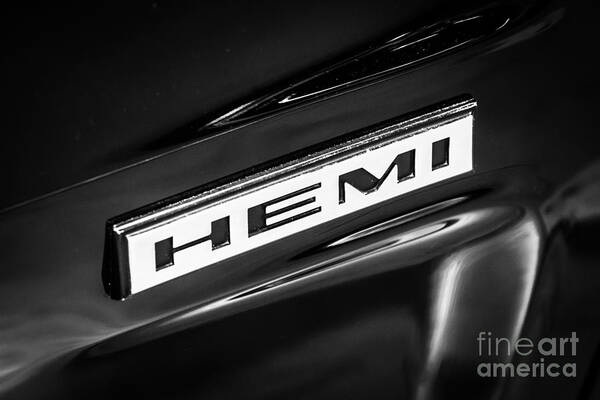 Chrysler Poster featuring the photograph Mopar Hemi Emblem Black and White Picture by Paul Velgos