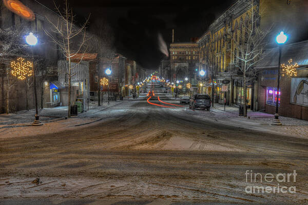 Morgantown Poster featuring the photograph Morgantown High Street on cold snowy night by Dan Friend