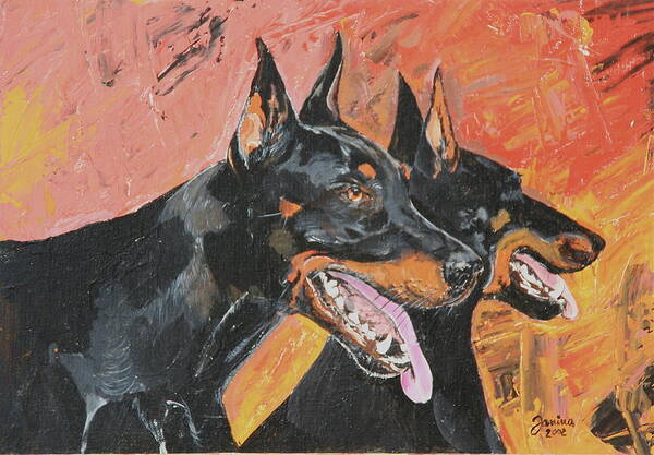 Dogs Poster featuring the painting My dobermans by Janina Suuronen