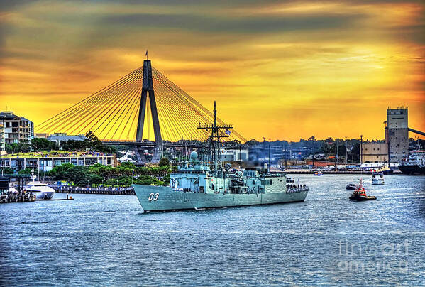 Photography Poster featuring the photograph Navy Ship and Anzac Bridge at Sunset by Kaye Menner