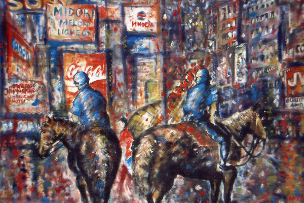 New+york Poster featuring the painting New York Broadway at Night - Oil On Canvas Painting by Peter Potter