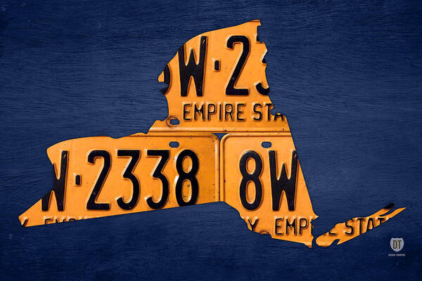 New York Poster featuring the mixed media New York State License Plate Map by Design Turnpike