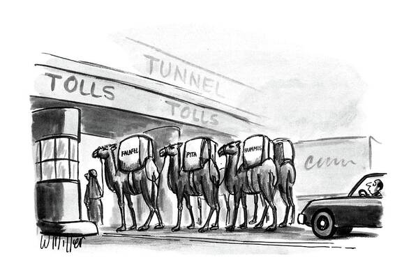 No Caption
Three Camels Are Going Through A Tunnel Poster featuring the drawing New Yorker April 6th, 1987 by Warren Miller
