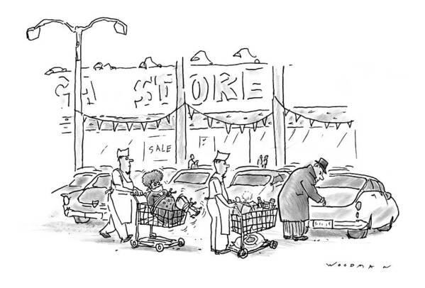 (store Clerks Wheeling Out Shopping Carts To Man Opening His Car Trunk. One Shopping Cart Contains Packages The Other Has His Wife Tied Up And Gagged.) Relationships Poster featuring the drawing New Yorker November 30th, 1998 by Bill Woodman