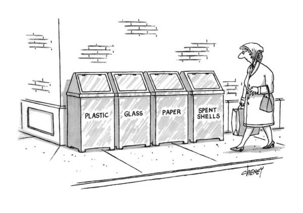 (woman Walking Passes Recycling Bins For Plastic Poster featuring the drawing New Yorker November 8th, 1993 by Tom Cheney