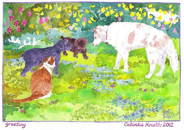 Scotties Poster featuring the painting Newcomer Scottie puppies meet oldtimers dog and cat in spring garden by Catinka Knoth