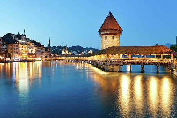 Standing Water Poster featuring the photograph Night Lucerne, Switzerland by Rusm