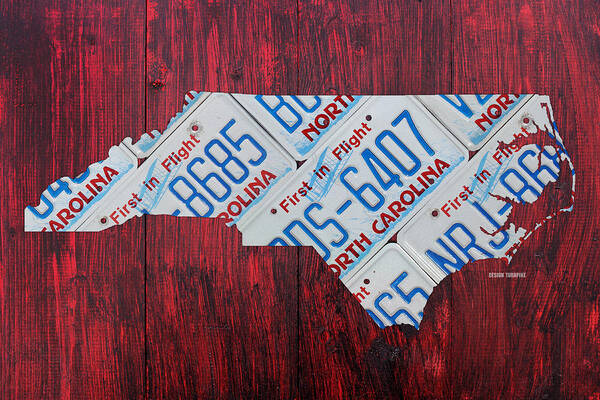 North Poster featuring the mixed media North Carolina State License Plate Map Art by Design Turnpike