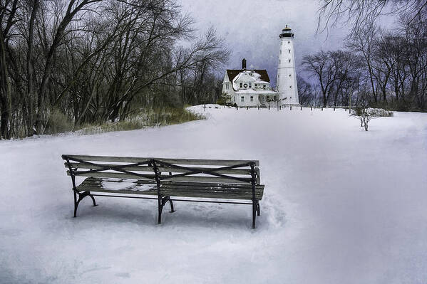 Lighthouse; Light House; Architecture; Beacon; Winter; Snow; Overcast; Cloudy; Cold; White; Tower; Keeper; House; Milwaukee; Lake Michigan; Structure; Building; Midwest; Shore; Nautical; Light Station; Coast; Frozen; Ice; Fine Art Photography; Scott Norris Photography; Bench; Sit; Rest; Park Bench; Wooden Bench Poster featuring the photograph North Point Lighthouse and Bench by Scott Norris