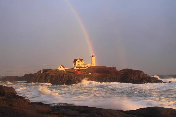 Lighthouse Poster featuring the photograph Nubble Lighthouse Rainbow and High Surf by John Burk