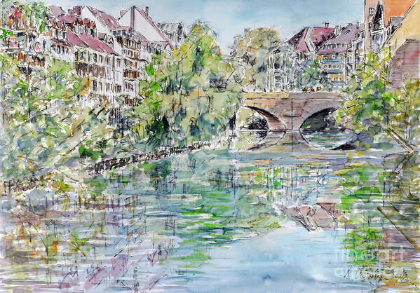 Watercolour Poster featuring the painting Nuremberg river Pegnitz watching Charles Bridge by Almo M