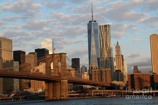 Brooklyn Bridge Poster featuring the photograph NYC Skyline in the morning by Steven Spak