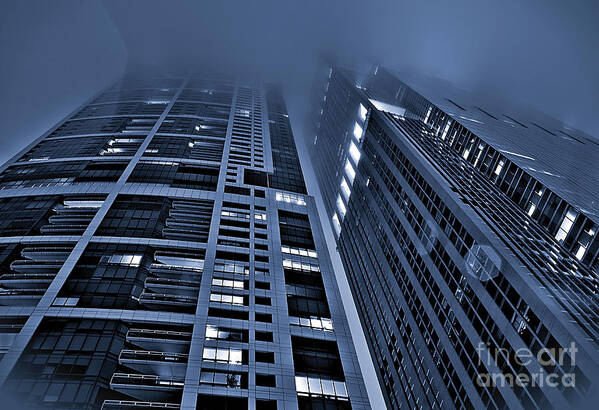 Chicago Skyscrapers In Fog. Poster featuring the photograph Monoliths by Brett Maniscalco