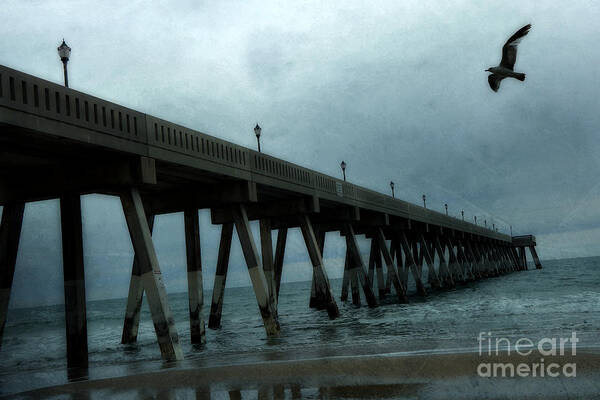 Ocean Photography Poster featuring the photograph Oean Pier - Surreal Stormy Blue Pier Beach Ocean Fishing Pier With Seagull by Kathy Fornal