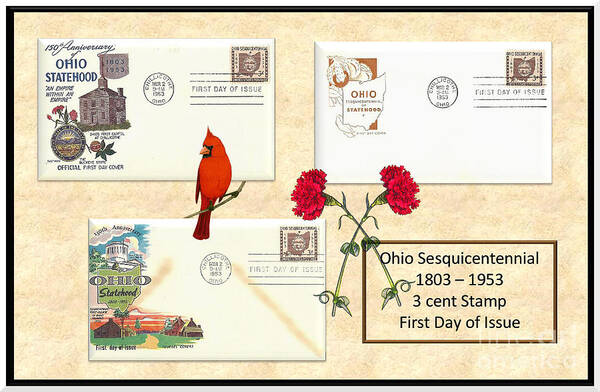 Ohio Poster featuring the digital art Ohio Sesquicentennial First Day Covers by Charles Robinson