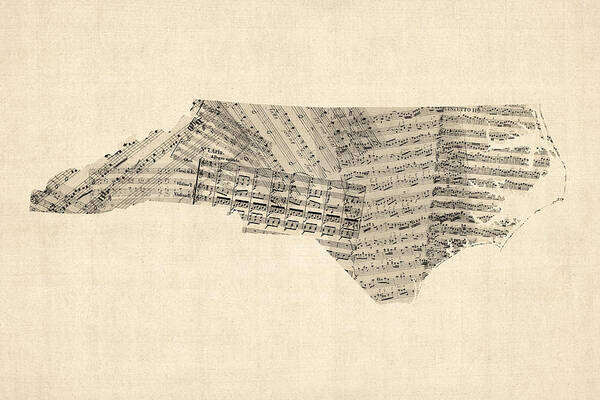 North Carolina Poster featuring the digital art Old Sheet Music Map of North Carolina by Michael Tompsett