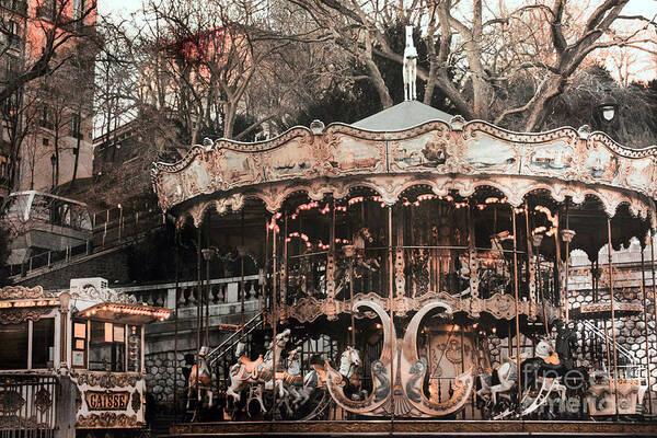 Paris Sepia Carousel Poster featuring the photograph Paris Carousel Merry Go Round Sepia - Paris Carousel Montmartre District Sacre Coeur by Kathy Fornal