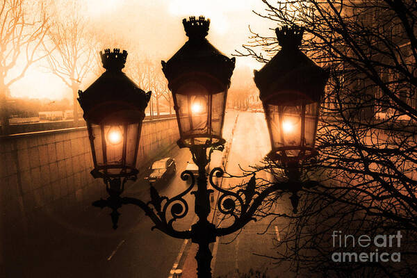 Paris Poster featuring the photograph Paris Sepia Street Lanterns Lamps - Paris Sepia Autumn Fall Sparkling Sunset Night Lanterns by Kathy Fornal