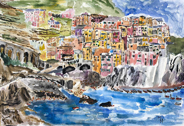 Riomaggiore Poster featuring the painting Pastel Patchwork Village by Michael Helfen