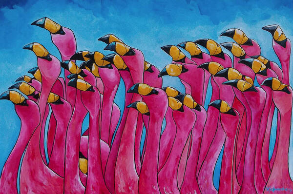 Flamingos Poster featuring the painting Peace Love And Flamingos by Patti Schermerhorn