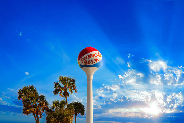 Florida Poster featuring the photograph Pensacola Beach Ball Water Tower and Palm Trees by Eszra