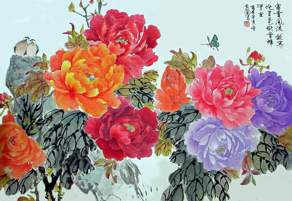 Red Peonies Poster featuring the photograph Peonies and Birds by Yufeng Wang