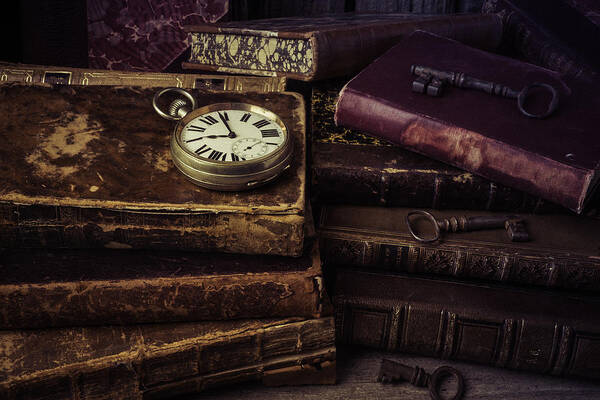 Key Poster featuring the photograph Pocket Watch On Old Book by Garry Gay